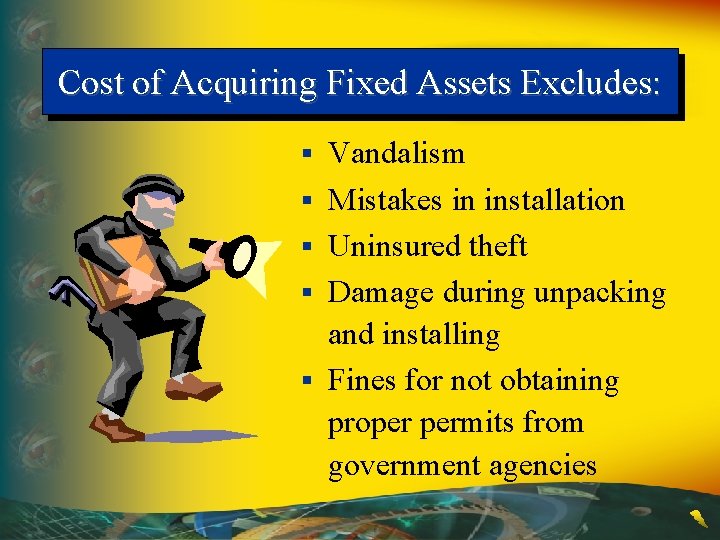 Cost of Acquiring Fixed Assets Excludes: § § § Vandalism Mistakes in installation Uninsured