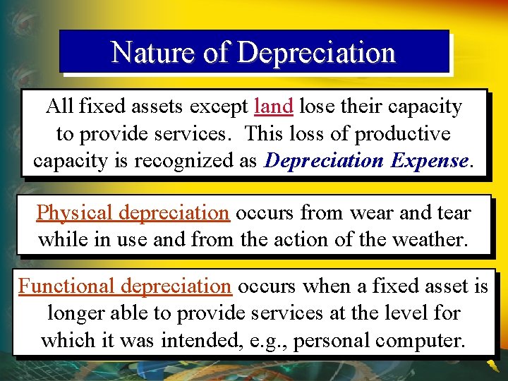 Nature of Depreciation All fixed assets except land lose their capacity to provide services.