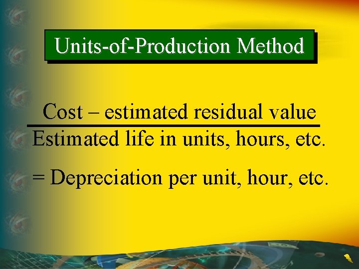 Units-of-Production Method Cost – estimated residual value Estimated life in units, hours, etc. =