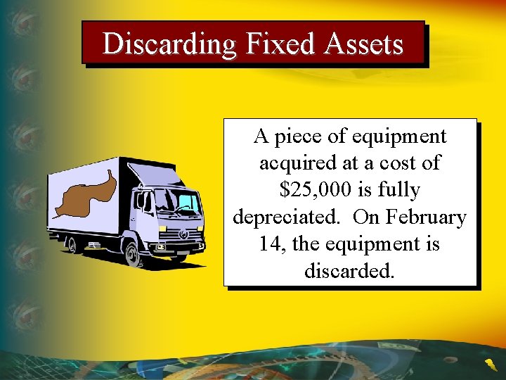 Discarding Fixed Assets A piece of equipment acquired at a cost of $25, 000