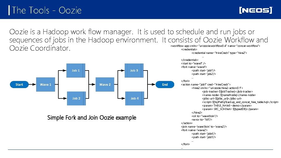 The Tools - Oozie is a Hadoop work flow manager. It is used to