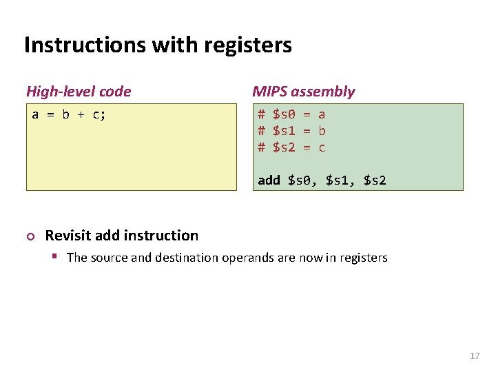 Carnegie Mellon Instructions with registers High-level code a = b + c; MIPS assembly