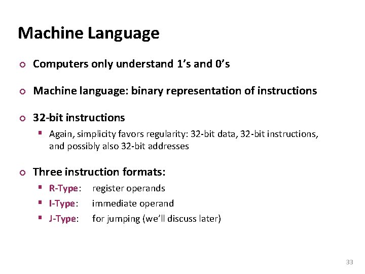 Carnegie Mellon Machine Language ¢ Computers only understand 1’s and 0’s ¢ Machine language: