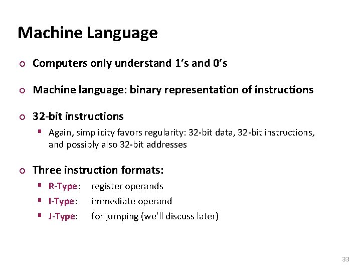 Carnegie Mellon Machine Language ¢ Computers only understand 1’s and 0’s ¢ Machine language: Carnegie Mellon Machine Language ¢ Computers only understand 1’s and 0’s ¢ Machine language: