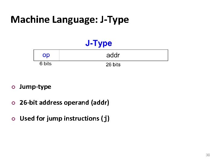 Carnegie Mellon Machine Language: J-Type ¢ Jump-type ¢ 26 -bit address operand (addr) ¢