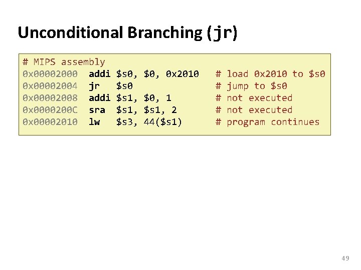 Carnegie Mellon Unconditional Branching (jr) # MIPS assembly 0 x 00002000 addi 0 x Carnegie Mellon Unconditional Branching (jr) # MIPS assembly 0 x 00002000 addi 0 x