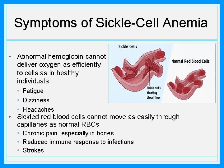 Symptoms of Sickle-Cell Anemia • Abnormal hemoglobin cannot deliver oxygen as efficiently to cells