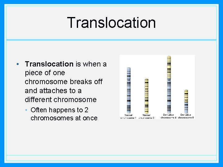 Translocation • Translocation is when a piece of one chromosome breaks off and attaches