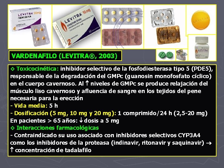 VARDENAFILO (LEVITRA®, 2003) ◊ Toxicocinética: inhibidor selectivo de la fosfodiesterasa tipo 5 (PDE 5),