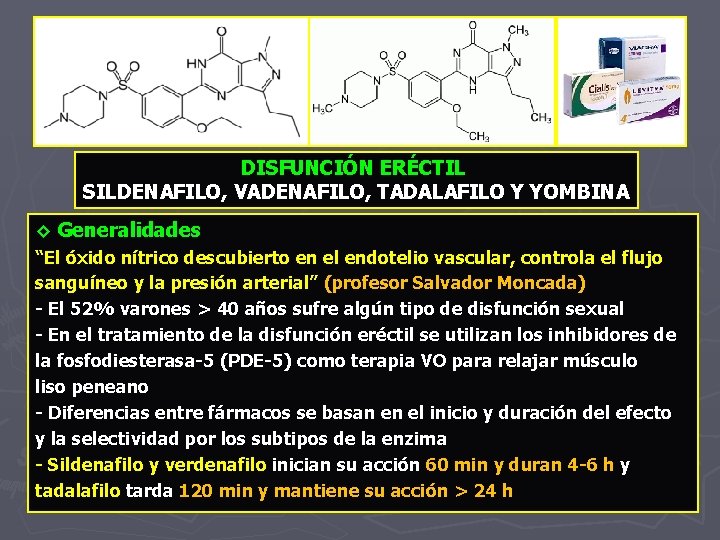 DISFUNCIÓN ERÉCTIL SILDENAFILO, VADENAFILO, TADALAFILO Y YOMBINA ◊ Generalidades “El óxido nítrico descubierto en