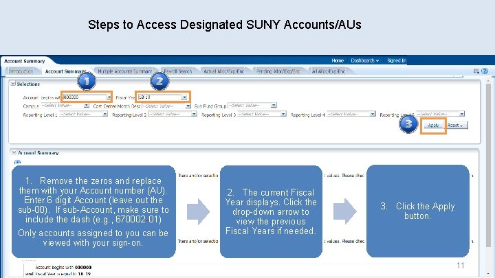 Steps to Access Designated SUNY Accounts/AUs 1. Remove the zeros and replace them with