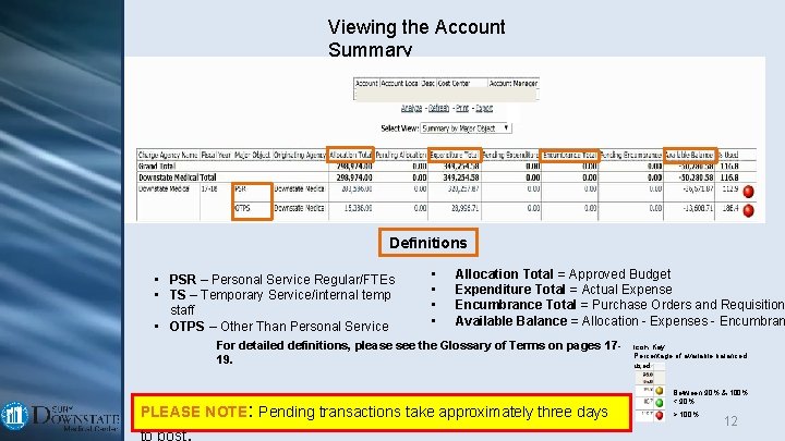 Viewing the Account Summary Definitions • PSR – Personal Service Regular/FTEs • TS –