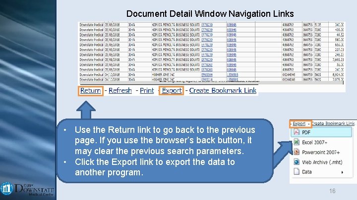 Document Detail Window Navigation Links • Use the Return link to go back to