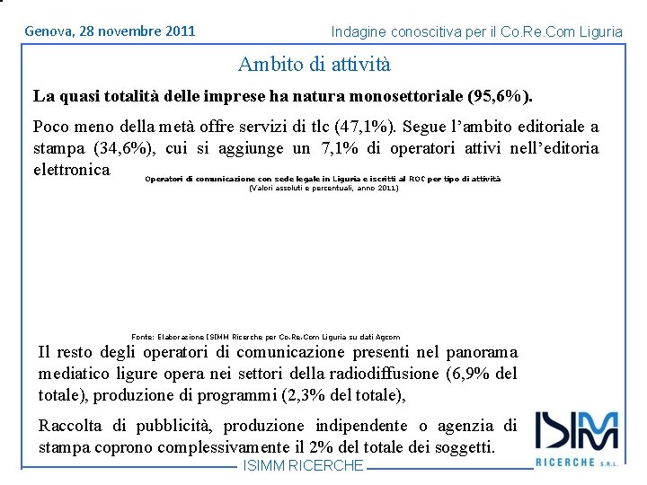 Titolo Genova, 1428 dell’argomento novembre Roma, giugno 2011 Indagine conoscitiva per il Co. Re.