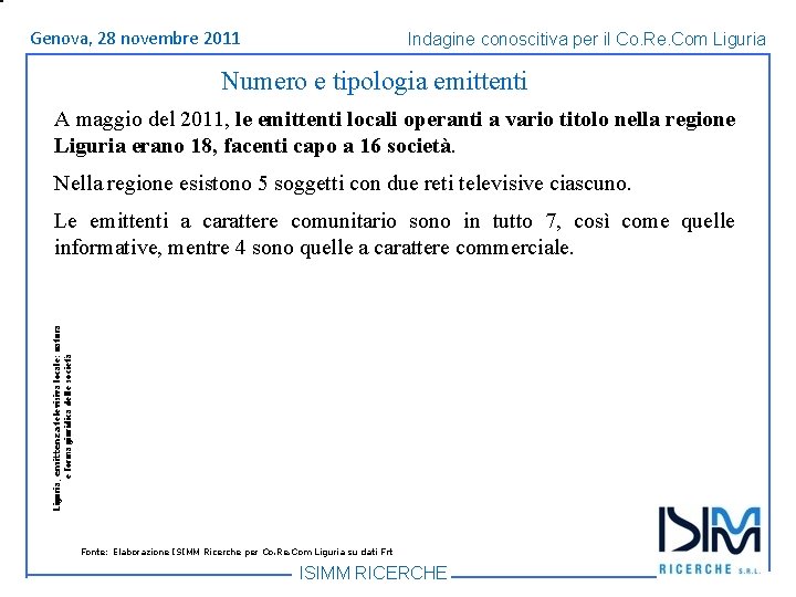 Titolo Genova, 1428 dell’argomento novembre Roma, giugno 2011 Indagine conoscitiva per il Co. Re.