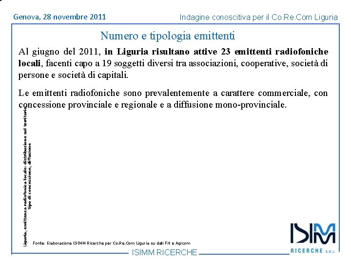 Titolo Genova, 1428 dell’argomento novembre Roma, giugno 2011 Indagine conoscitiva per il Co. Re.