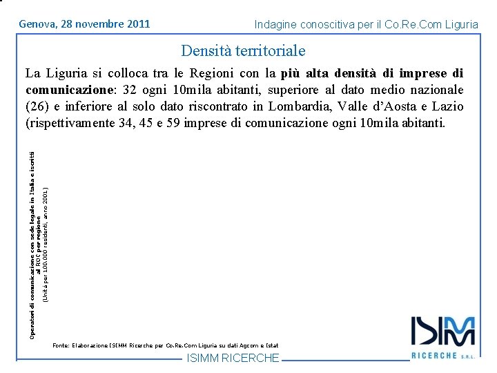 Titolo Genova, 1428 dell’argomento novembre Roma, giugno 2011 Indagine conoscitiva per il Co. Re.