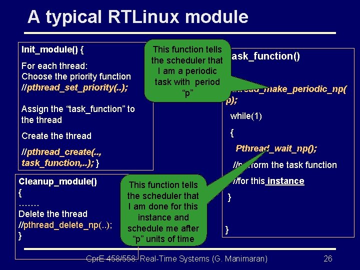 A typical RTLinux module Init_module() { For each thread: Choose the priority function //pthread_set_priority(.