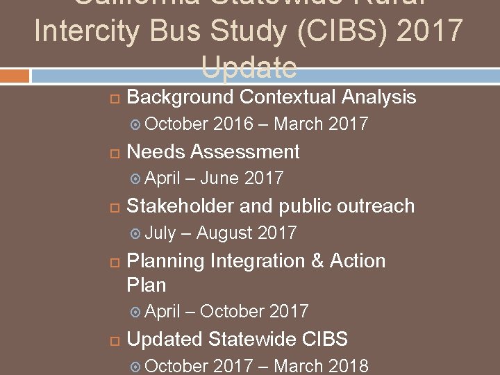 California Statewide Rural Intercity Bus Study (CIBS) 2017 Update Background Contextual Analysis October Needs