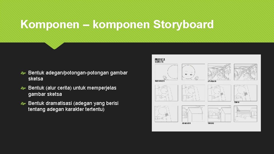 Komponen – komponen Storyboard Bentuk adegan/potongan-potongan gambar sketsa Bentuk (alur cerita) untuk memperjelas gambar
