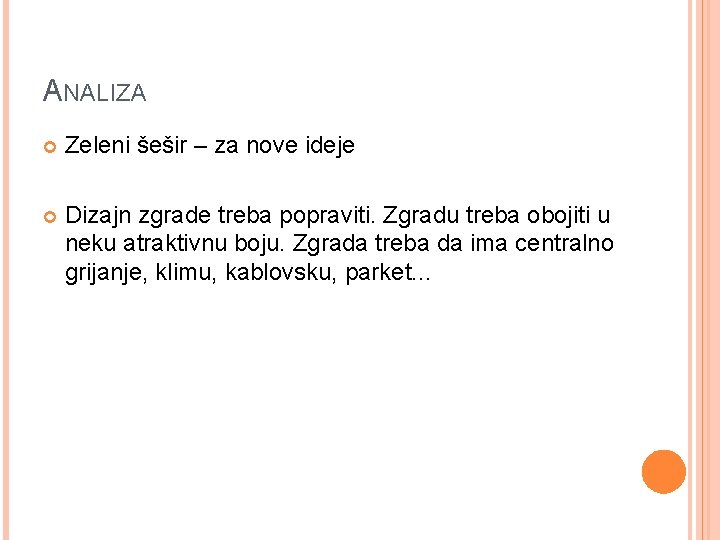 ANALIZA Zeleni šešir – za nove ideje Dizajn zgrade treba popraviti. Zgradu treba obojiti