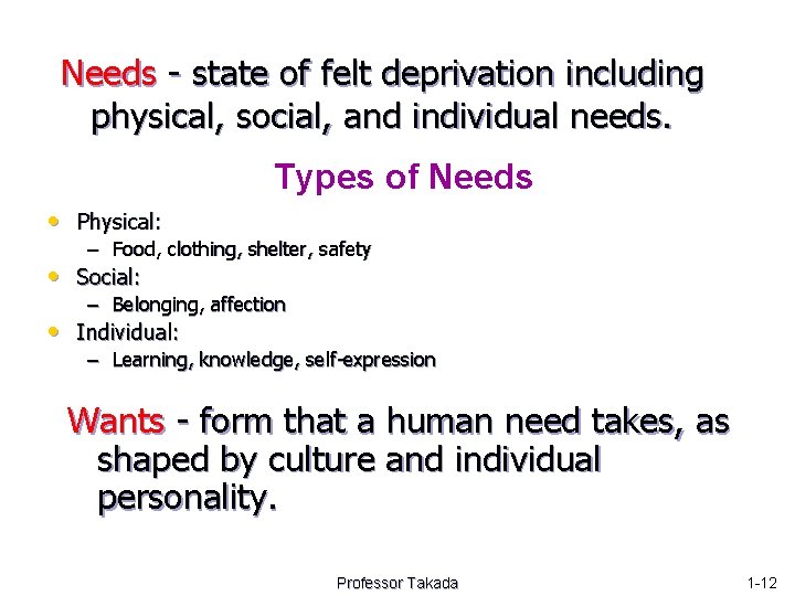 Needs - state of felt deprivation including physical, social, and individual needs. Types of