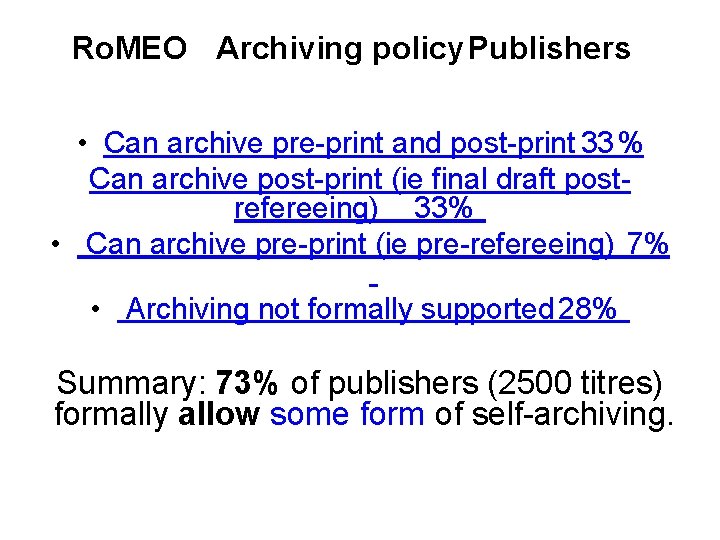 Ro. MEO Archiving policy Publishers • Can archive pre-print and post-print 33% Can archive