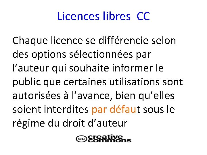 Licences libres CC Chaque licence se différencie selon des options sélectionnées par l’auteur qui
