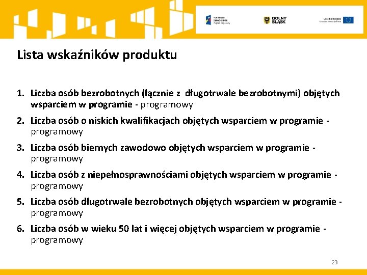 Lista wskaźników produktu 1. Liczba osób bezrobotnych (łącznie z długotrwale bezrobotnymi) objętych wsparciem w