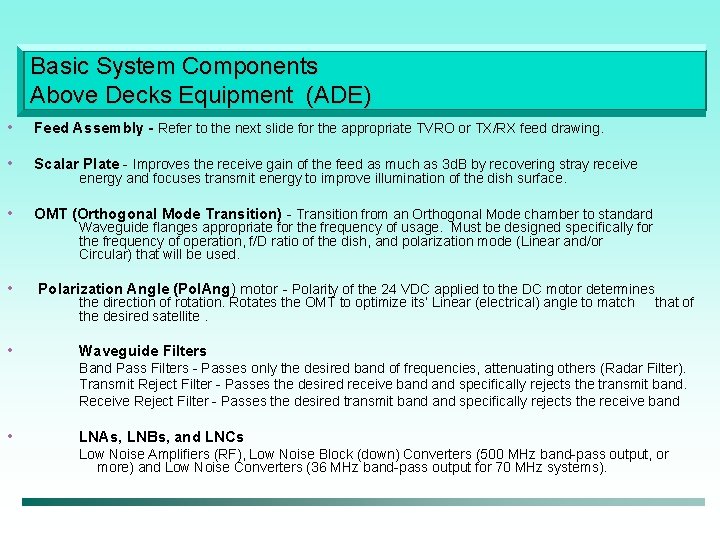 Basic System Components Above Decks Equipment (ADE) • Feed Assembly - Refer to the