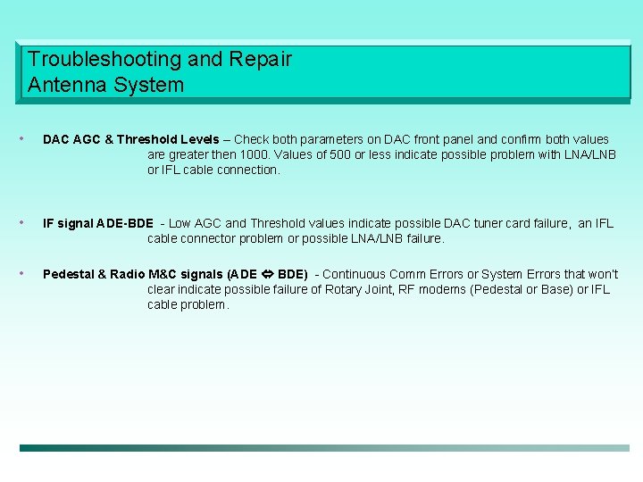 Troubleshooting and Repair Antenna System • DAC AGC & Threshold Levels – Check both