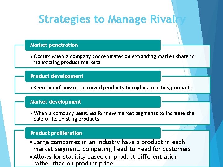 Strategies to Manage Rivalry Market penetration • Occurs when a company concentrates on expanding