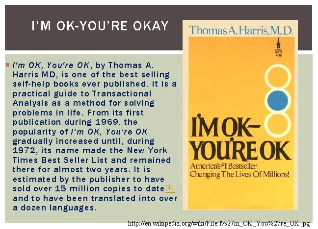 I’M OK-YOU’RE OKAY I'm OK, You're OK , by Thomas A. Harris MD, is