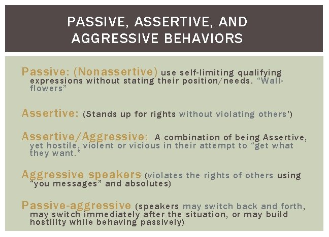 PASSIVE, ASSERTIVE, AND AGGRESSIVE BEHAVIORS Passive: (Nonassertive) use self-limiting qualifying expressions without stating their
