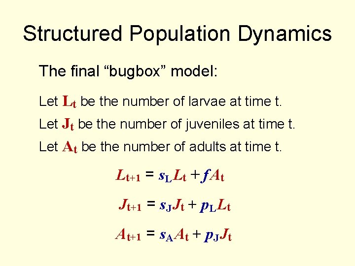 Structured Population Dynamics The final “bugbox” model: Let Lt be the number of larvae