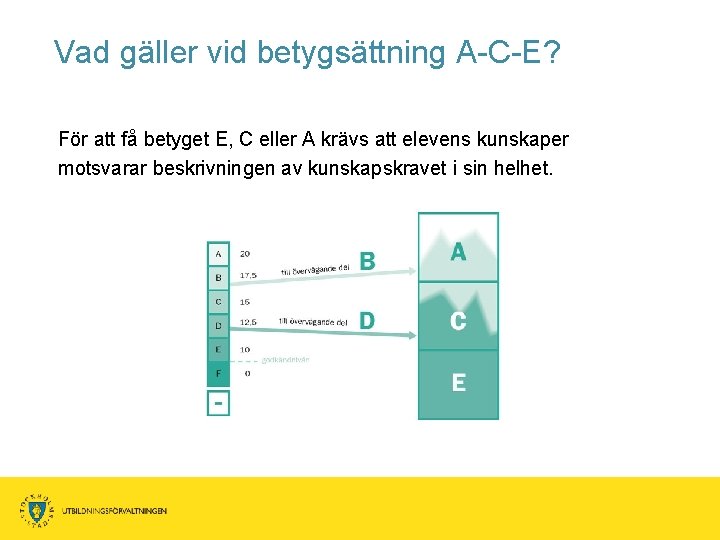 Vad gäller vid betygsättning A-C-E? För att få betyget E, C eller A krävs