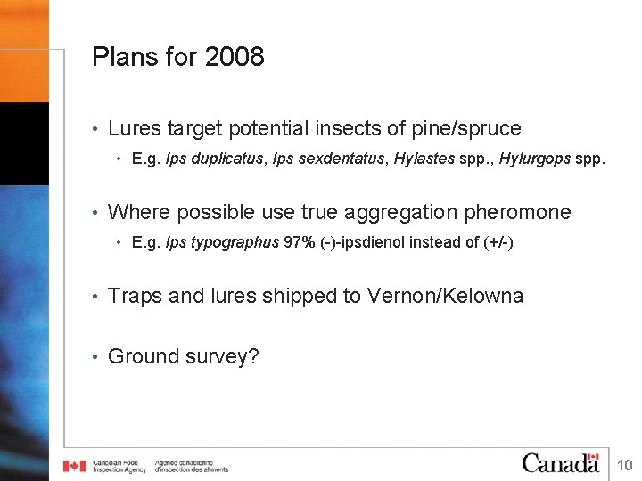 Plans for 2008 • Lures target potential insects of pine/spruce • E. g. Ips