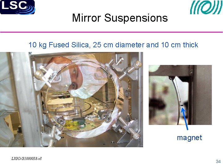 Mirror Suspensions 10 kg Fused Silica, 25 cm diameter and 10 cm thick magnet