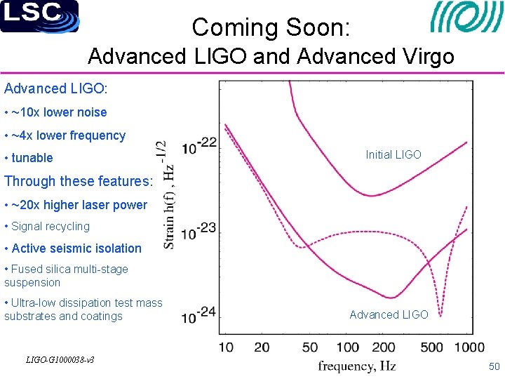 Coming Soon: Advanced LIGO and Advanced Virgo Advanced LIGO: • ~10 x lower noise