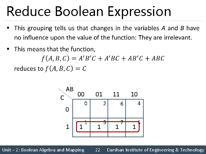 Reduce Boolean Expression § AB C 00 0 1 1 Unit – 2: Boolean