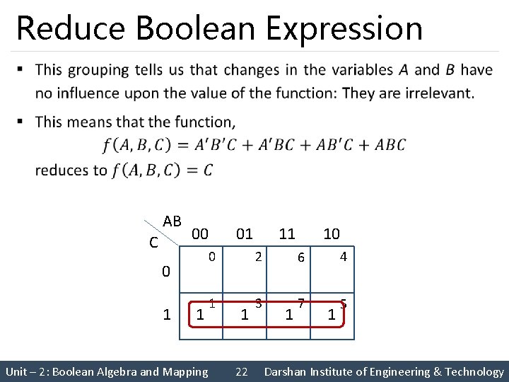 Reduce Boolean Expression § AB C 00 0 1 1 Unit – 2: Boolean