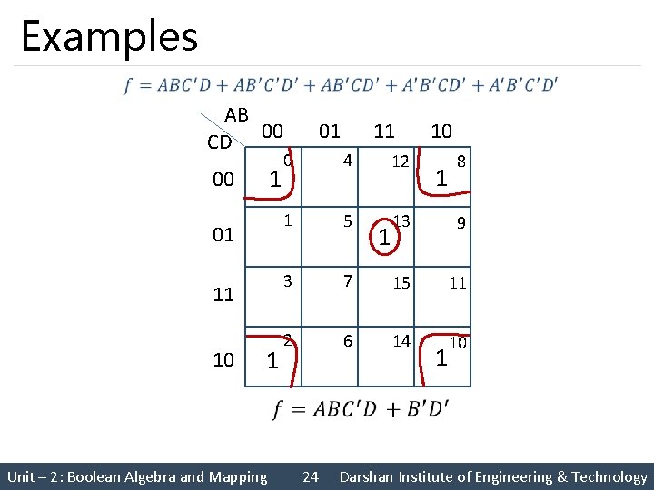 Examples AB 00 CD 1 00 01 11 10 0 4 12 1 5