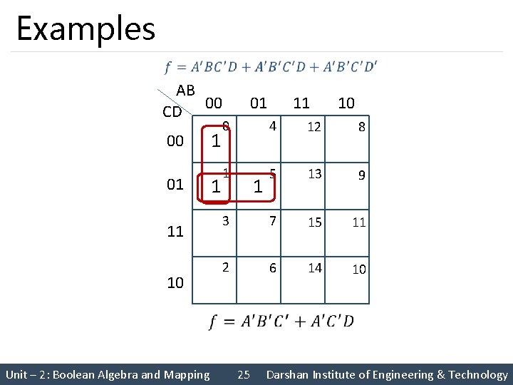 Examples AB 00 CD 1 00 01 1 11 10 10 0 4 12