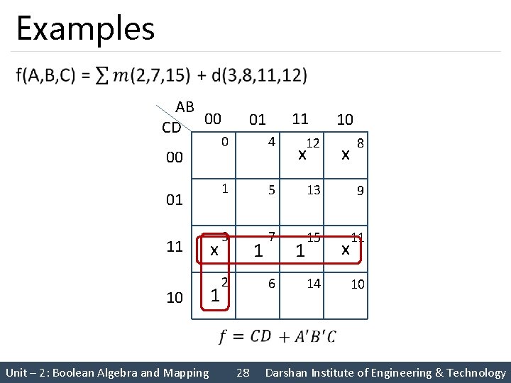 Examples AB CD 00 00 01 11 10 x 1 10 0 4 1