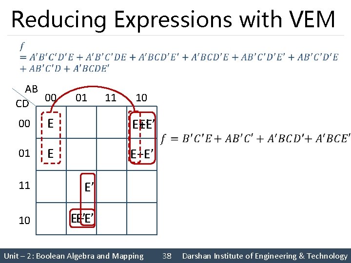 Reducing Expressions with VEM AB CD 00 00 01 01 11 10 E E+E’