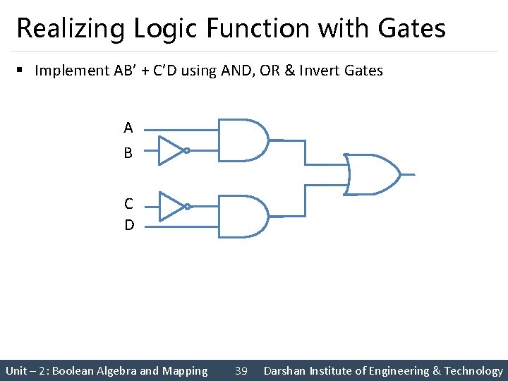 Realizing Logic Function with Gates § Implement AB’ + C’D using AND, OR &