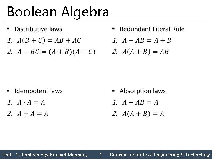 Boolean Algebra § Unit – 2: Boolean Algebra and Mapping 4 Darshan Institute of