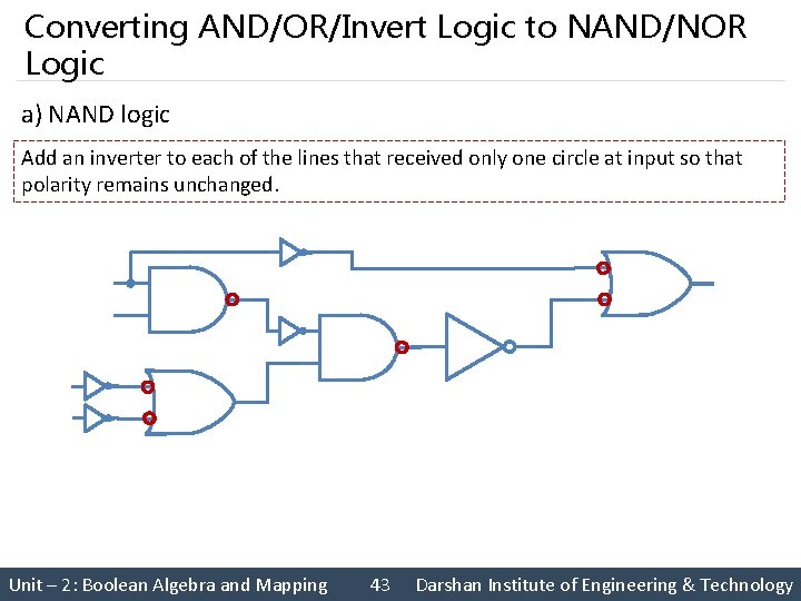 Converting AND/OR/Invert Logic to NAND/NOR Logic a) NAND logic Add an inverter to each