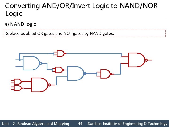 Converting AND/OR/Invert Logic to NAND/NOR Logic a) NAND logic Replace bubbled OR gates and