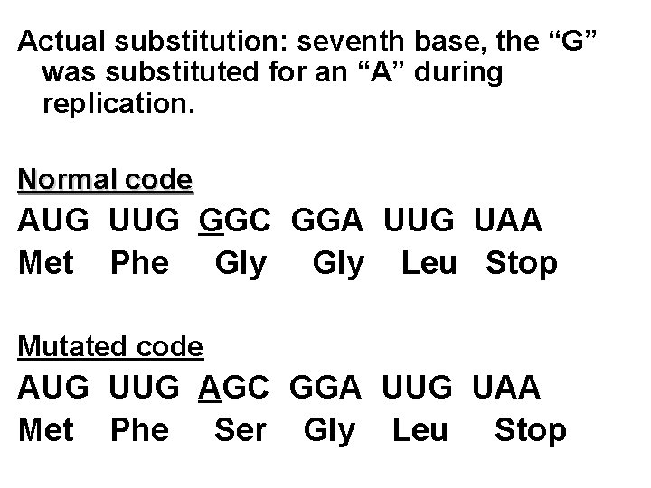 Actual substitution: seventh base, the “G” was substituted for an “A” during replication. Normal